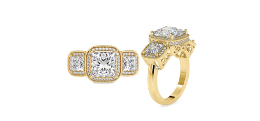 Vintage-inspired Princess cut Moissanite milgrain bezel set Halo with under halo 3 stone Moissanite Engagement ring.