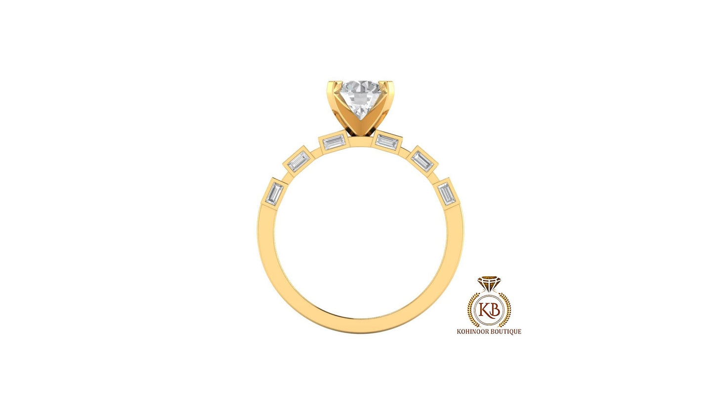 Baguette and Round Cut Moissanite Pave Solitaire Engagement ring, Ring for her, Gift for wife, Rings for women