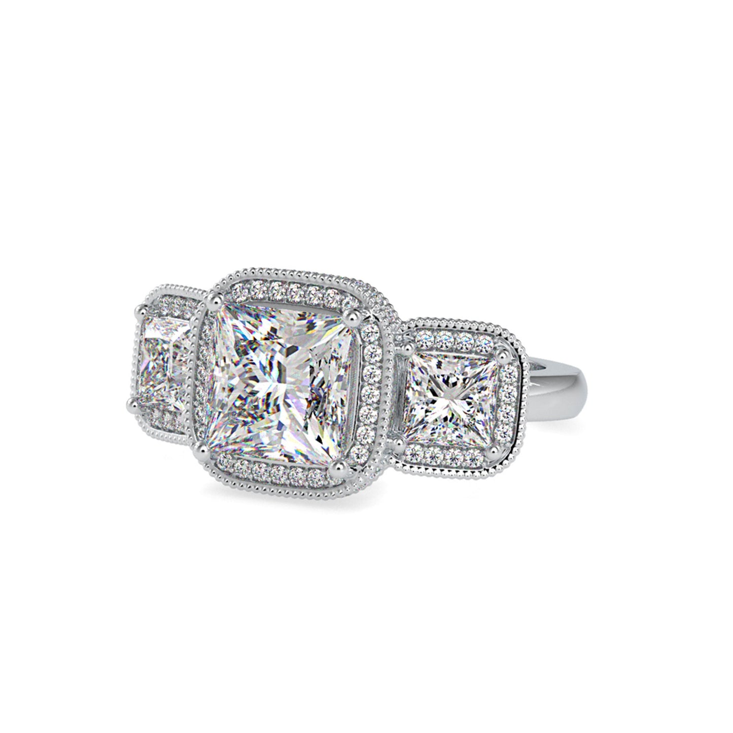 Vintage-inspired Princess cut Moissanite milgrain bezel set Halo with under halo 3 stone Moissanite Engagement ring.