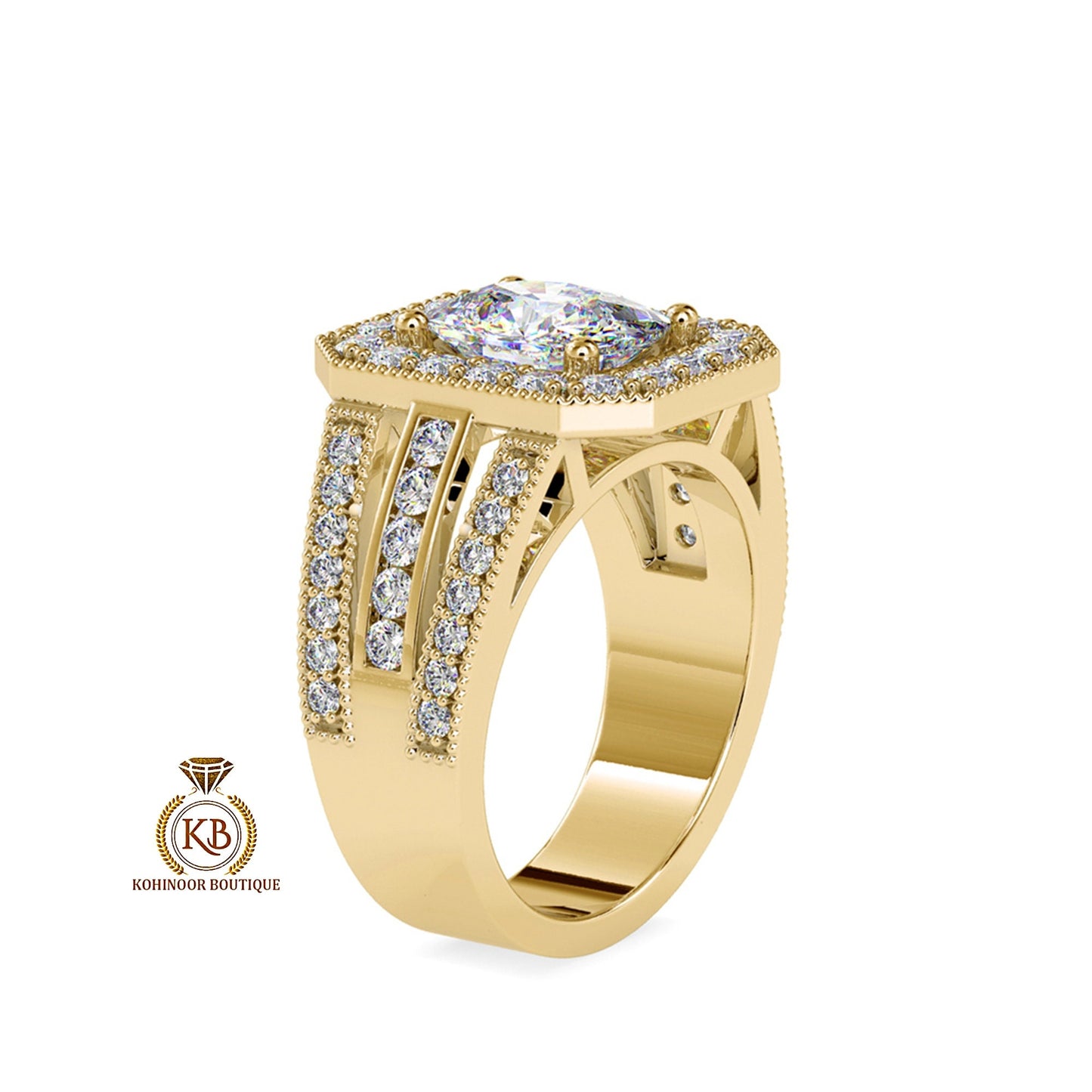 Cushion milgarin halo with Side 3 Pave Band, Cathedral milgrain setting Moissanite Engagement\ ring, ring for women, art deco ring.