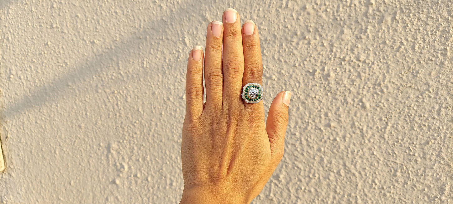 Vintage Round Cut Moissanite and Emerald Double Halo Engagement Ring, Proposal Ring, Ring for Mother, Anniversary Gift for wife