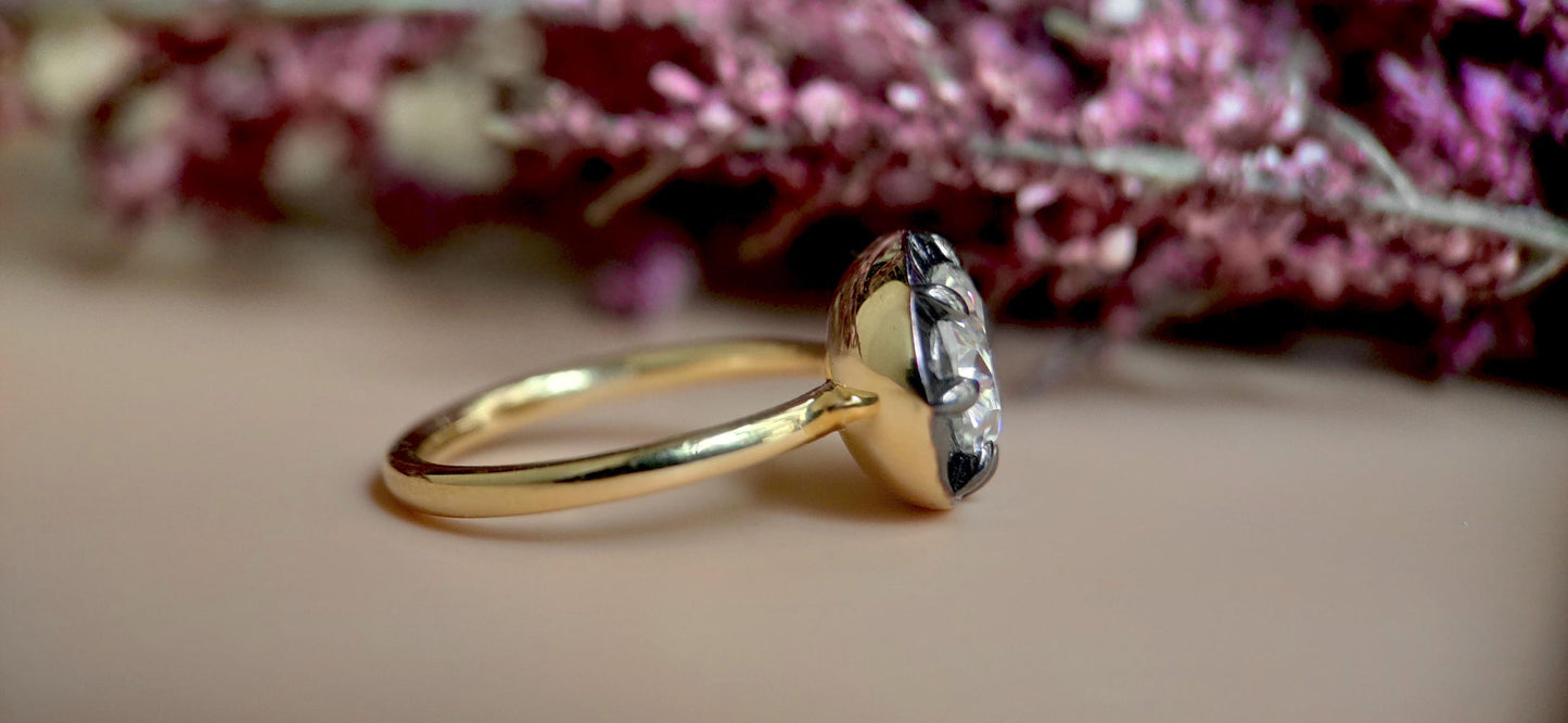 East west set Oval Moissanite Button Back Georgian Cut Down Set Solitaire Engagement ring, blackened gold ring ring for women, Ring for her.