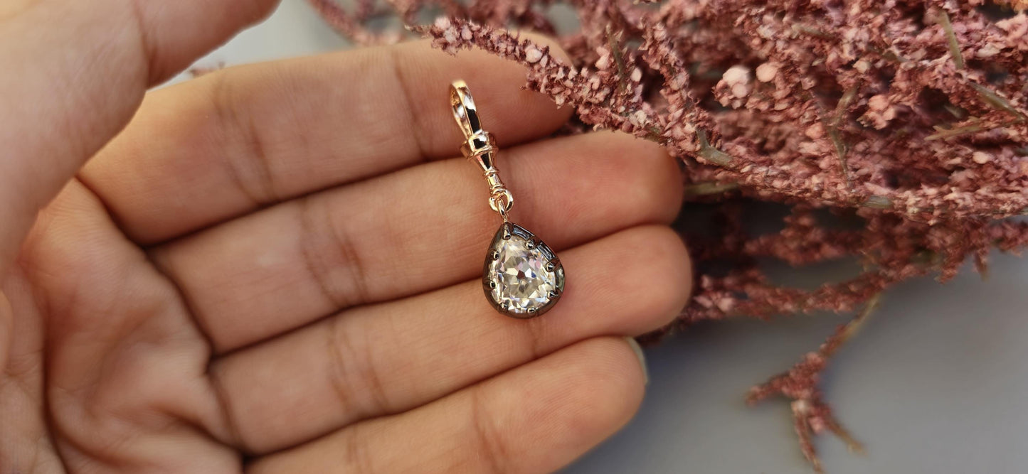 Old Mine Cut Antique Chubby Pear Cut Moissanite Swivel Clasp Pendant,Collet set Georgian cut down set Pendant without chain, Wedding Pendant