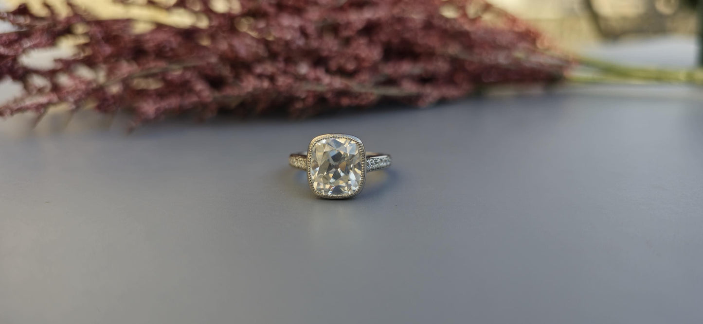 Elongated Old Mine Cushion Cut Bezel set Moissanite Engagement Ring, Tulip Flower basket Vintage Ring