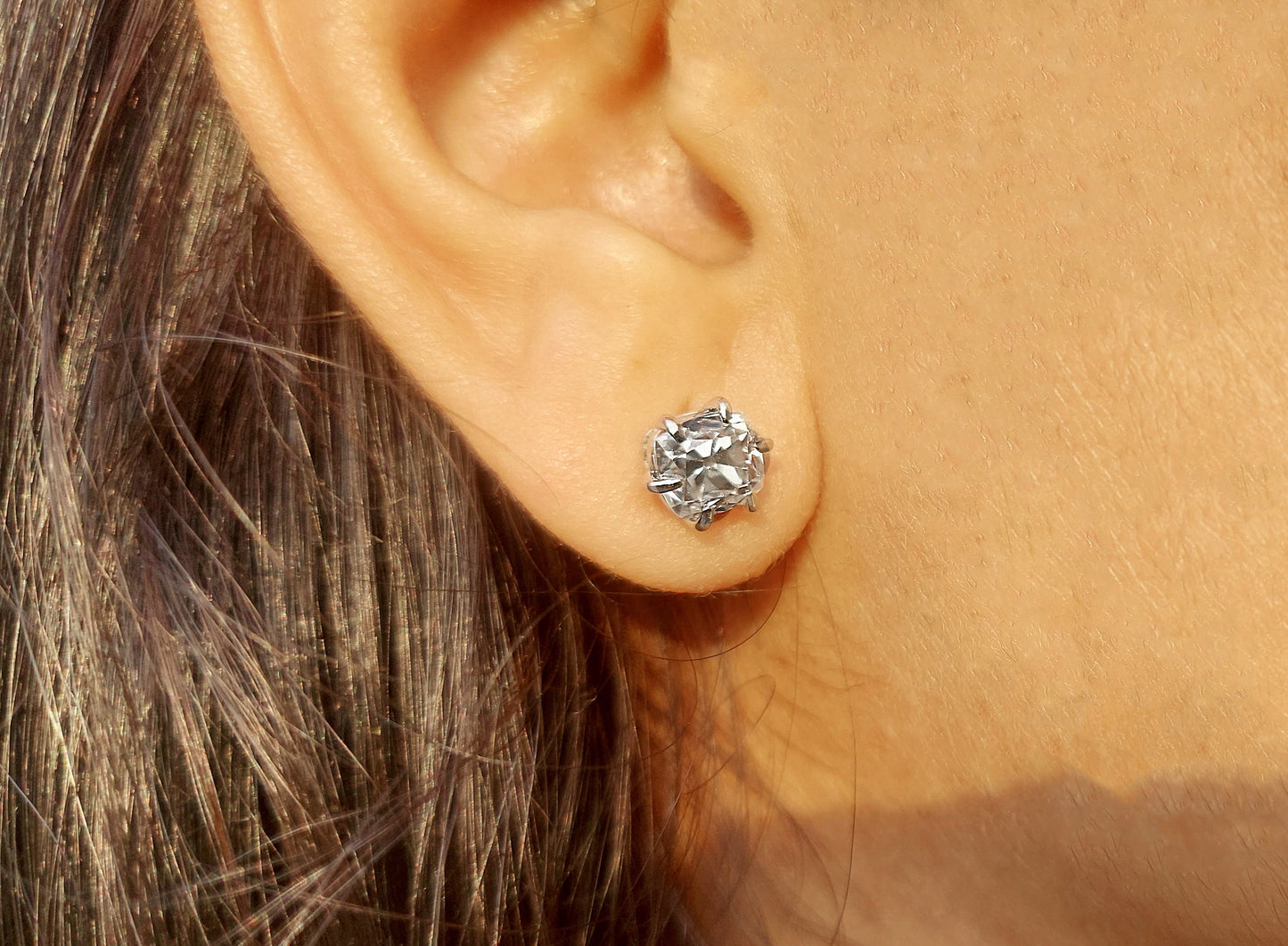 Vintage Cushion Old Mine Cut Moissanite Stud Earrings, Moissanite Wedding Earrings, Push Back Earrings, Anniversary Gift, Circa 1910