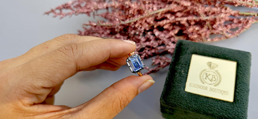 East West  set Corn flower Blue sapphire emerald Cut Georgian cut down button back solitaire engagement ring, ring for her, ring for women