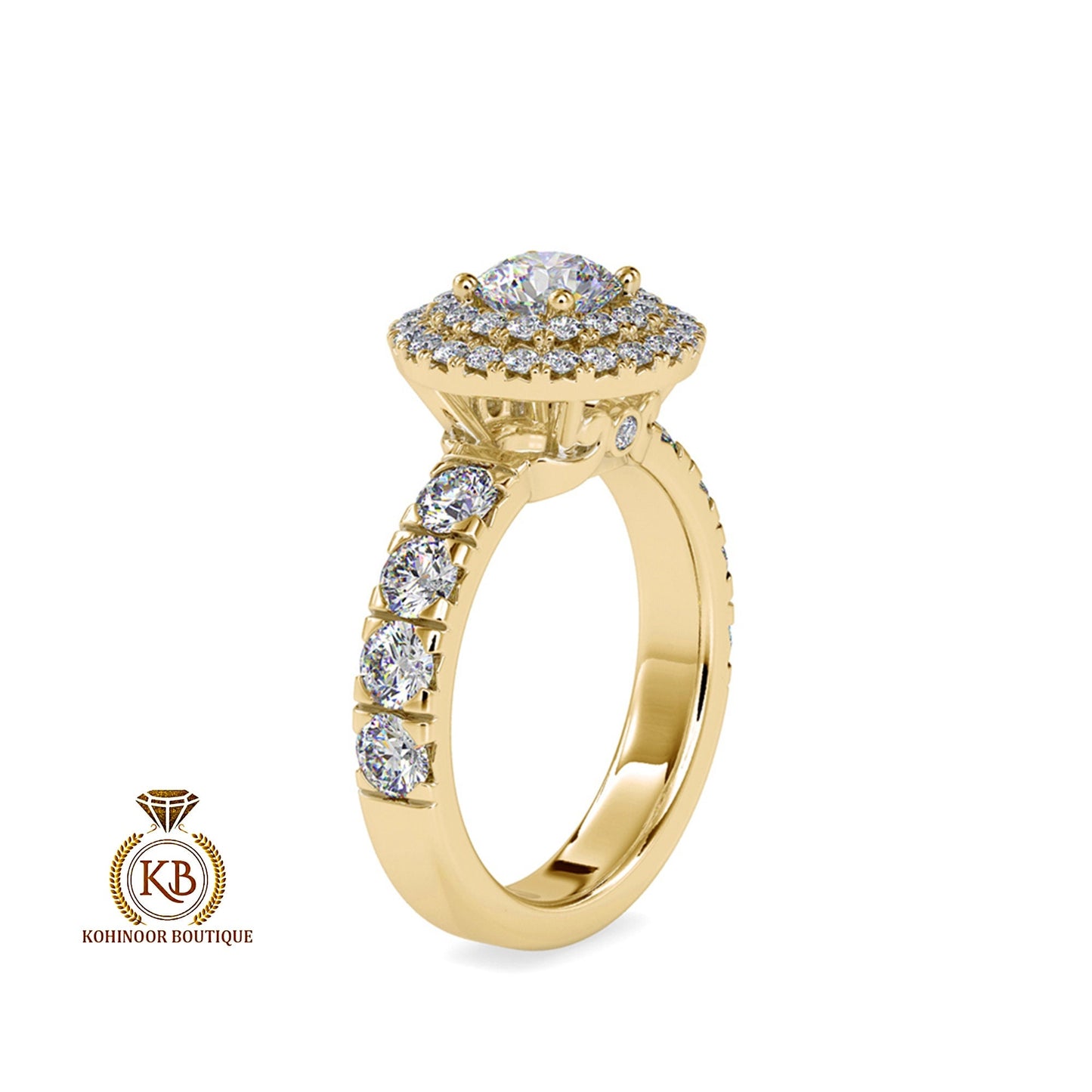 Vintage-inspired double halo Round cut Moissanite ring with french Pave band, cathedral set Engagement ring