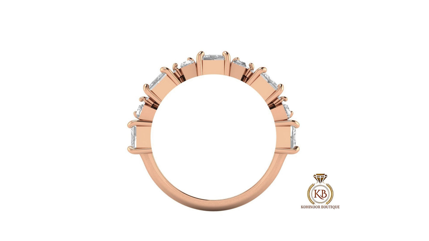 Asscher Baguette and Round Cut Multistone Moissanite Half\Full Eternity minimalist Bridal stackable wedding band in White\Yellow\Rose Gold