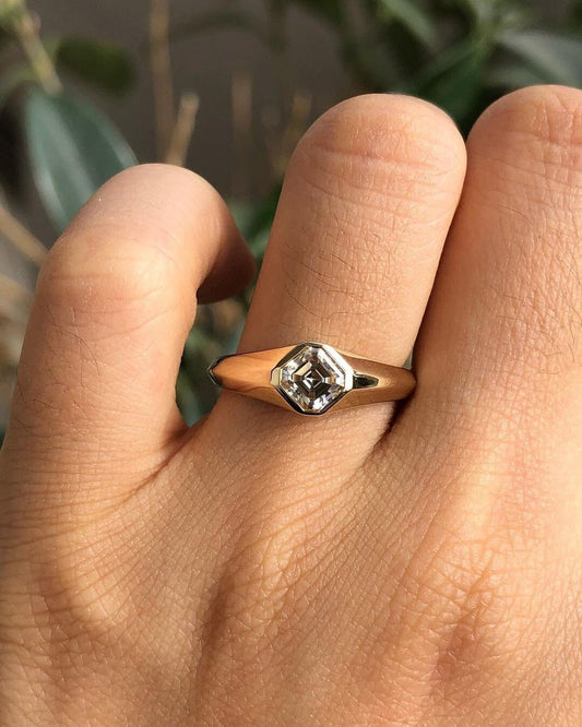 Kite set Asscher Cut Signet style ring Gypsy Set Moissanite Signet band, engagement ring , Men\Women\Unisex\Gender Neutral ring