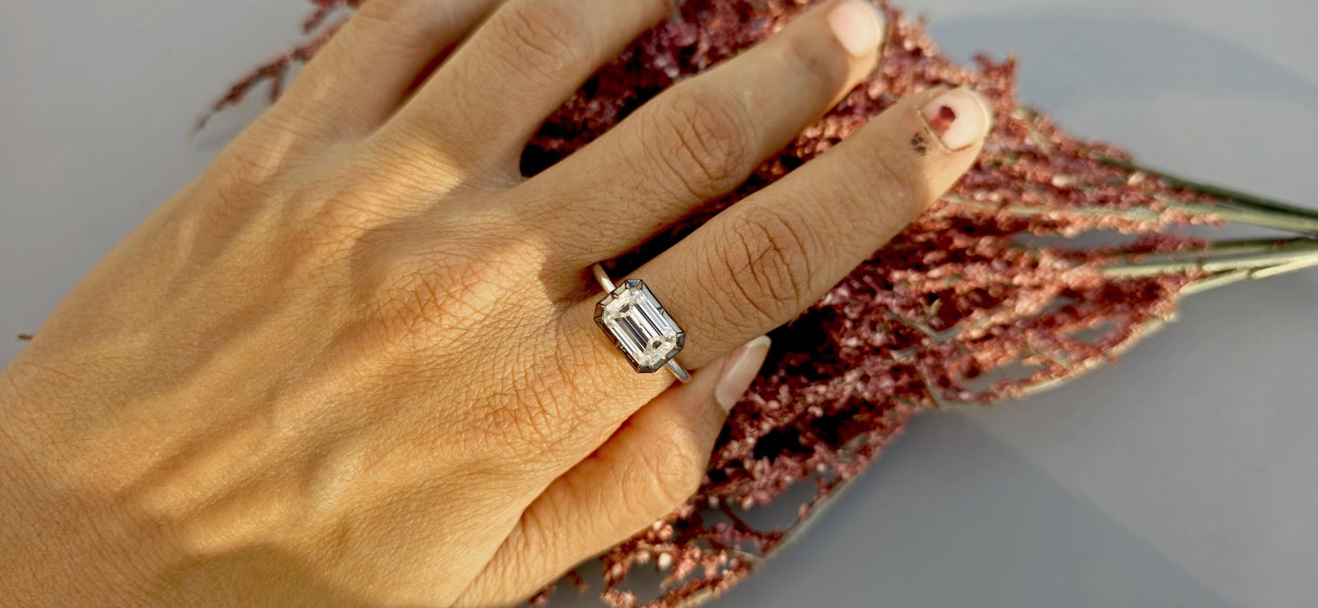 Lab grown East West set Elongated Emerald Cut Georgian cut down button back solitaire engagement ring, ring for her, ring for women