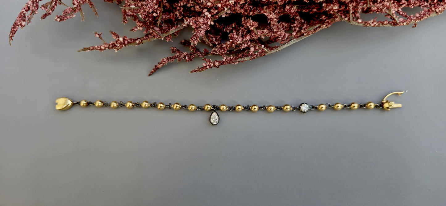 Ball n chain blackened gold button back moissanite stackable bracelet with 2 charms of your choice, mention charm shape in personalization