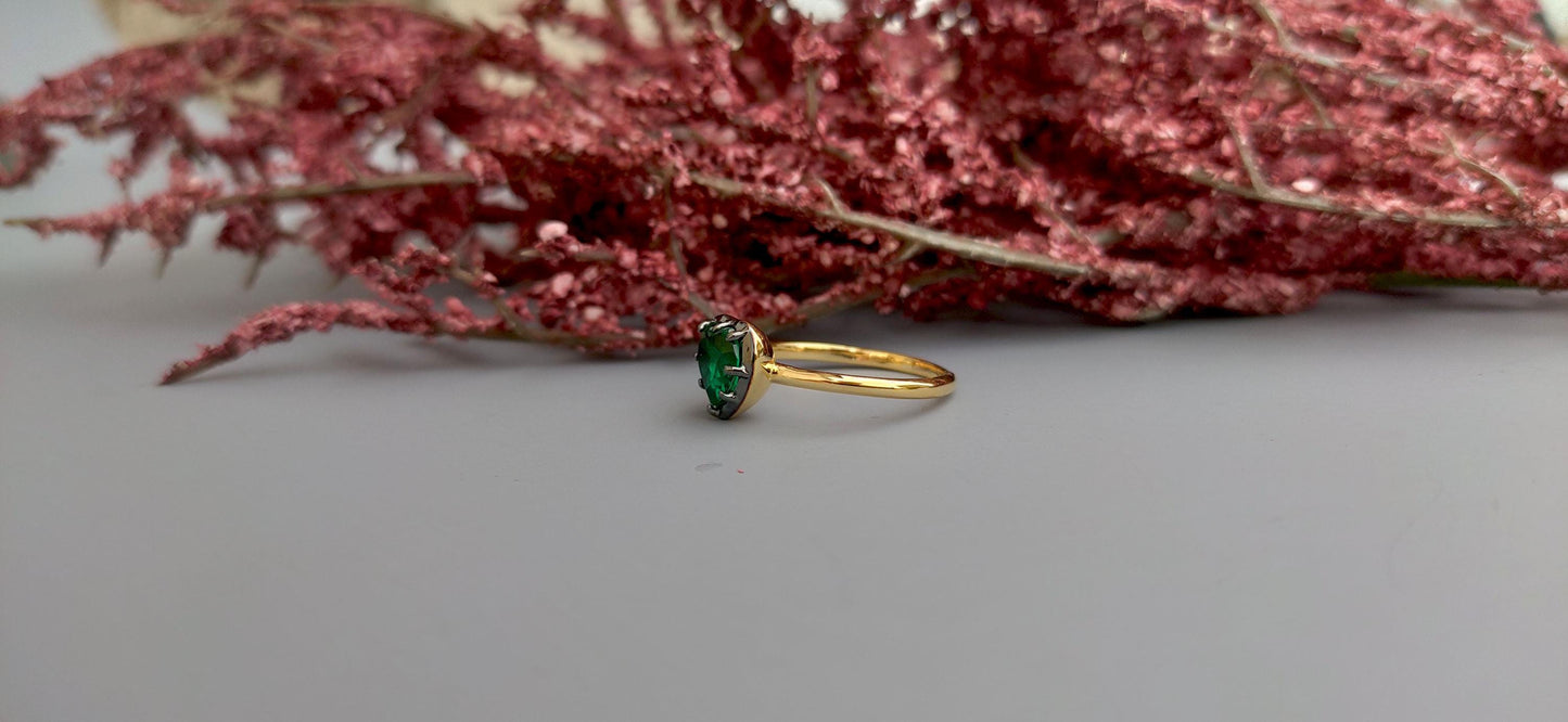 Lab Emerald Heart Cut Georgian cut down button back solitaire engagement ring, ring for her, ring for women, blackened gold stackable ring.