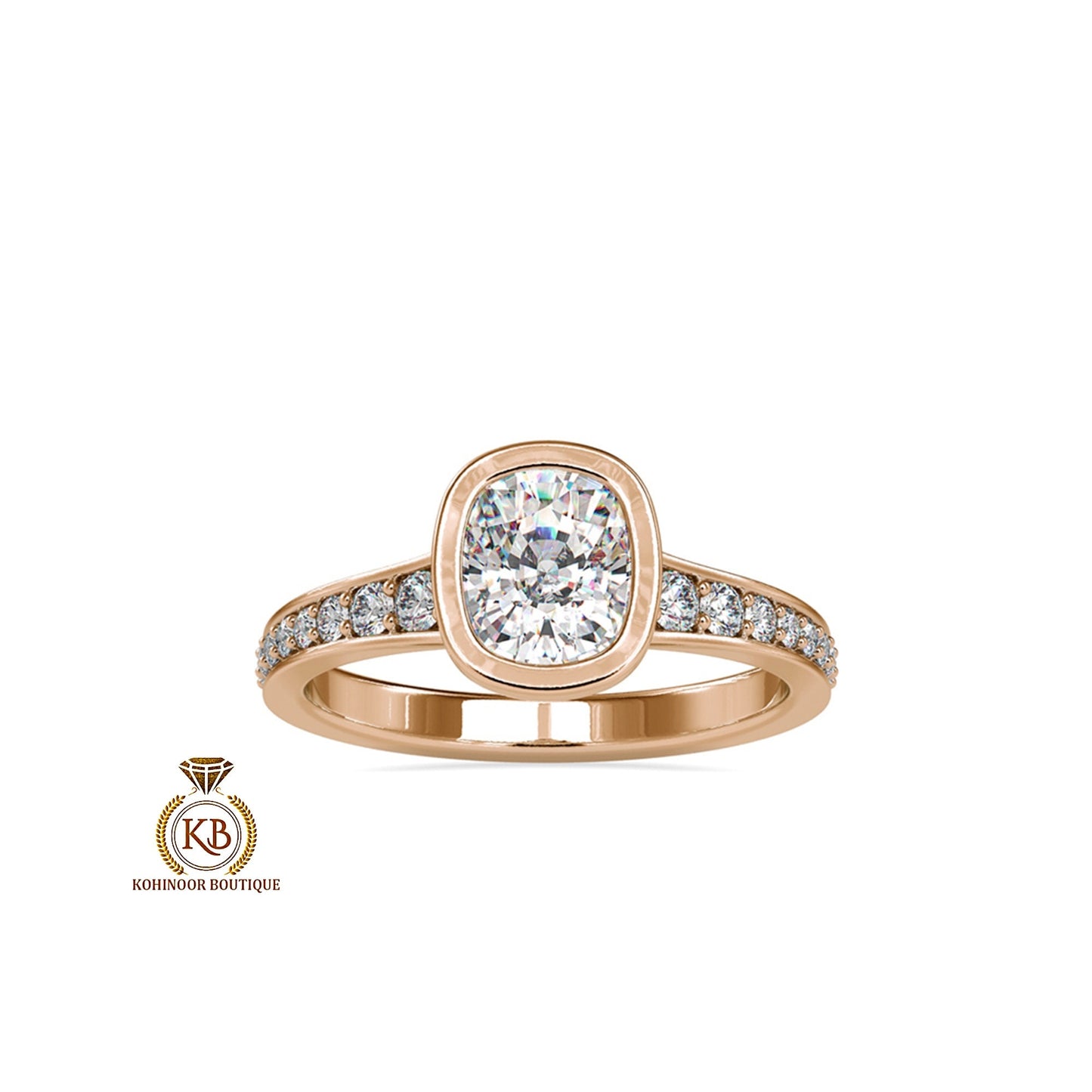 Elongated Cushion Cut Bezel Set Classic Solitaire with open gallery and side pave Moissanite Engagement ring. Ring for her, ring for women.