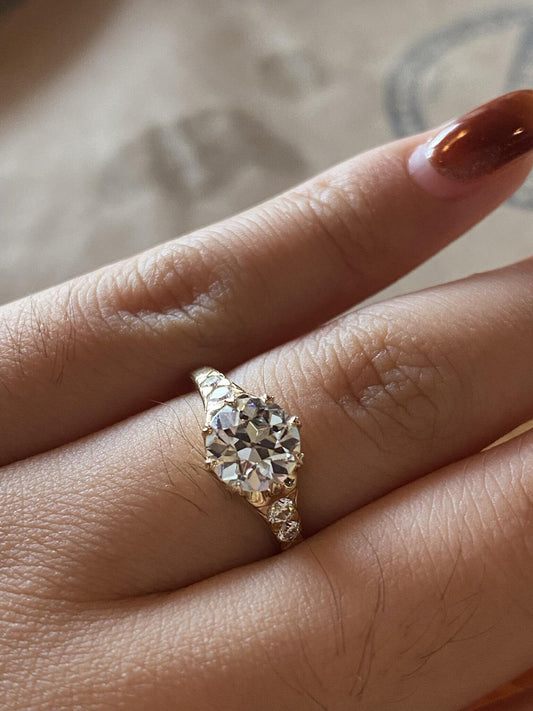 Vintage Old European cut moissanite solitaire Engagement ring with side stones, Edwardian Setting ,ring for women, vintage-inspired setting.