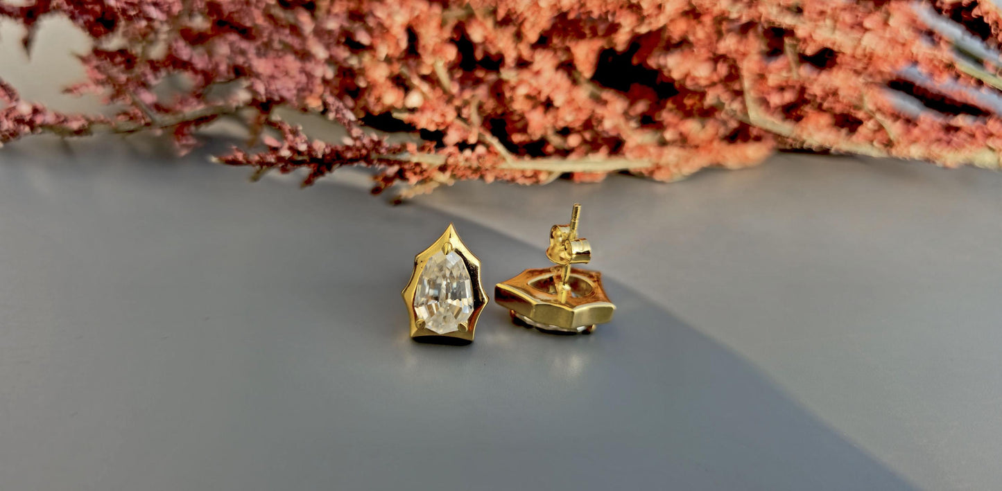 Step cut Pear Cut Moissanite in Georgian cut down setting, Solitaire Stud Earrings, Wedding Earrings, Push Back Earrings, Anniversary Studs