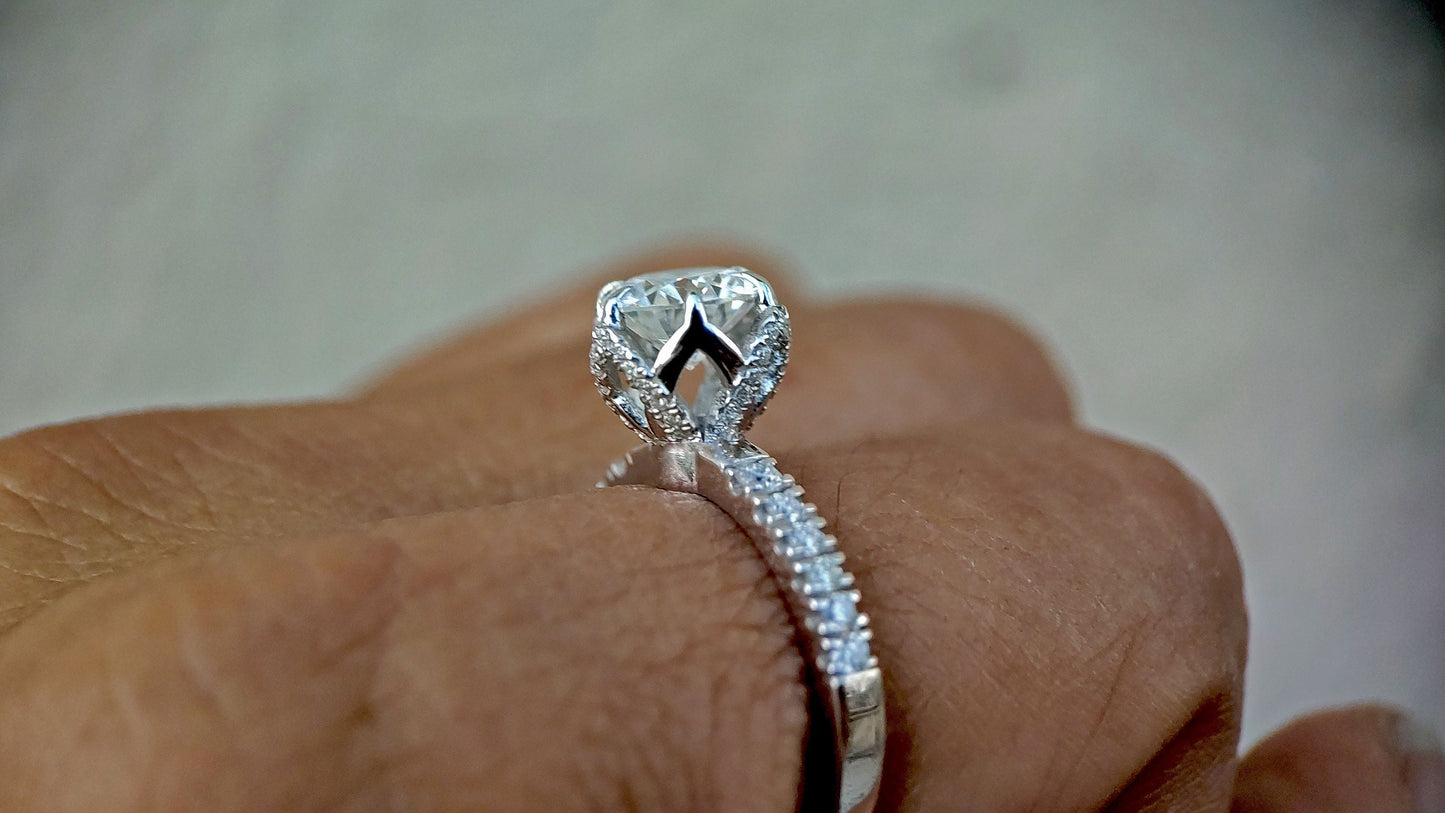 Tulip Pave basket Round  with French Pave Band Moissanite Solitaire Engagement Ring, Lotus Prong with flower basket Promise\proposal Ring.
