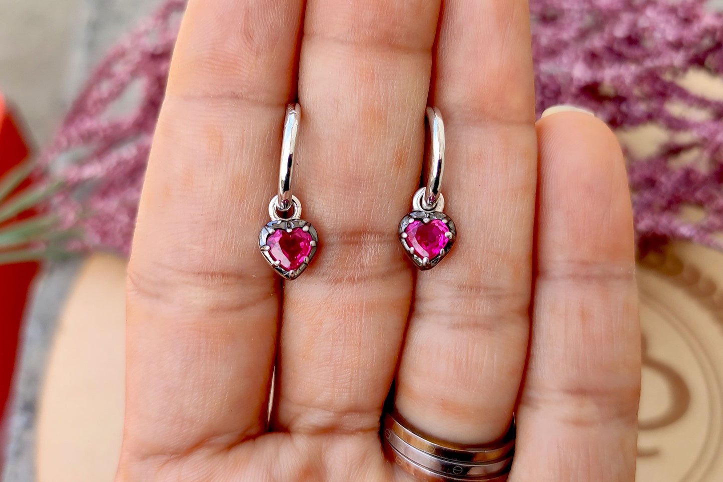 Heart Shaped Ruby button back Georgian cut down Gypset, Lab Ruby Hoops, statement earring, blackened gold earrings.