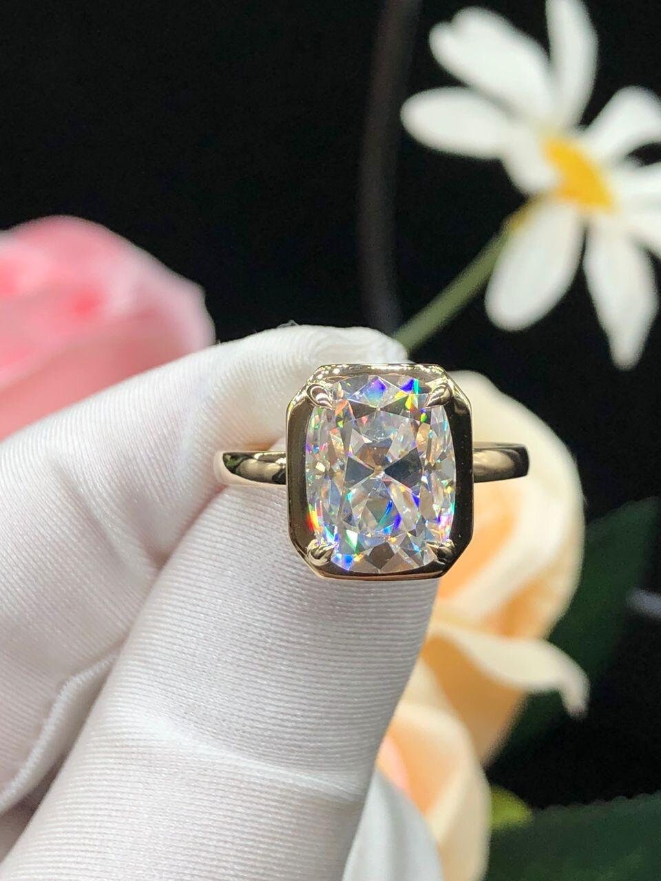 Old Mine Cushion Cut OMC Bezel Georgian Cut down  set, Moissanite Solitaire Engagement Ring, ring gift for her, ring for women.