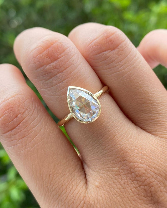 Bezel Set Rose Cut Pear Moissanite Solitaire Engagement ring, Low profile set ring, Gift Ring for her, Vintage cut ring, tear drop ring.