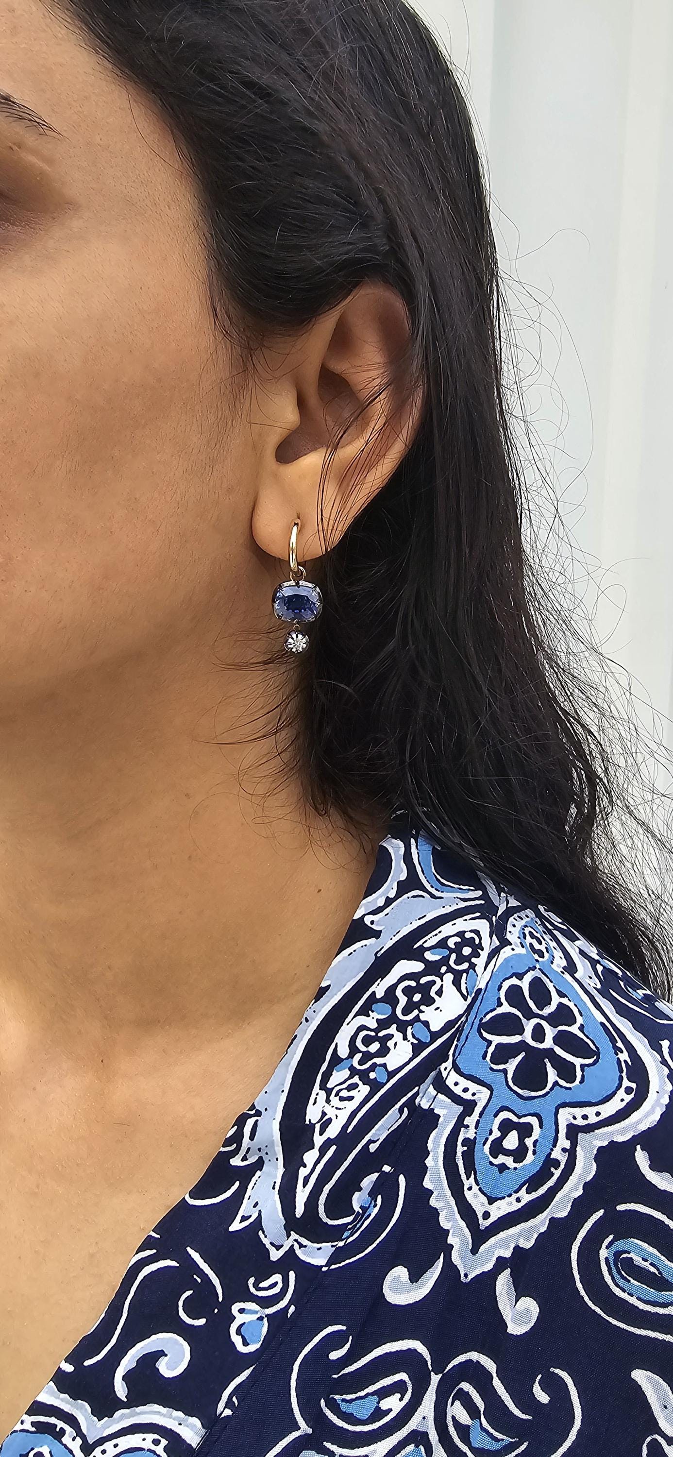 Women 4 stone asymmetric earrings, elongated cushion lab blue sapphire and cushion moissanite set in Georgian cut down button back setting.