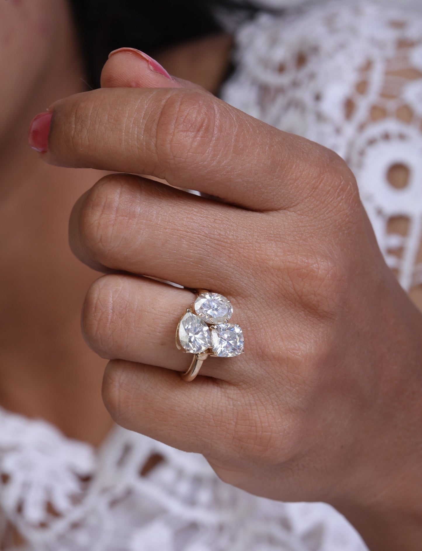 Oval Pear and Cushion Trilogy moissanite 3 stone Engagement Ring, Ring for her, Gift for Her, Right hand ring