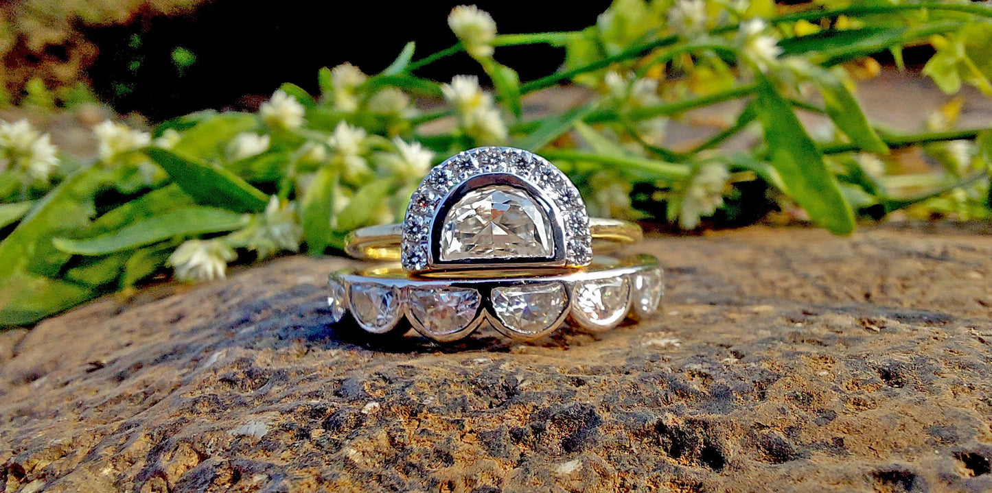 Half Moon Moissanite halo Engagement ring with Half moon Wedding band,Modern Bridal Ring Set,Ring for her,Gift for women,Half moon lace band