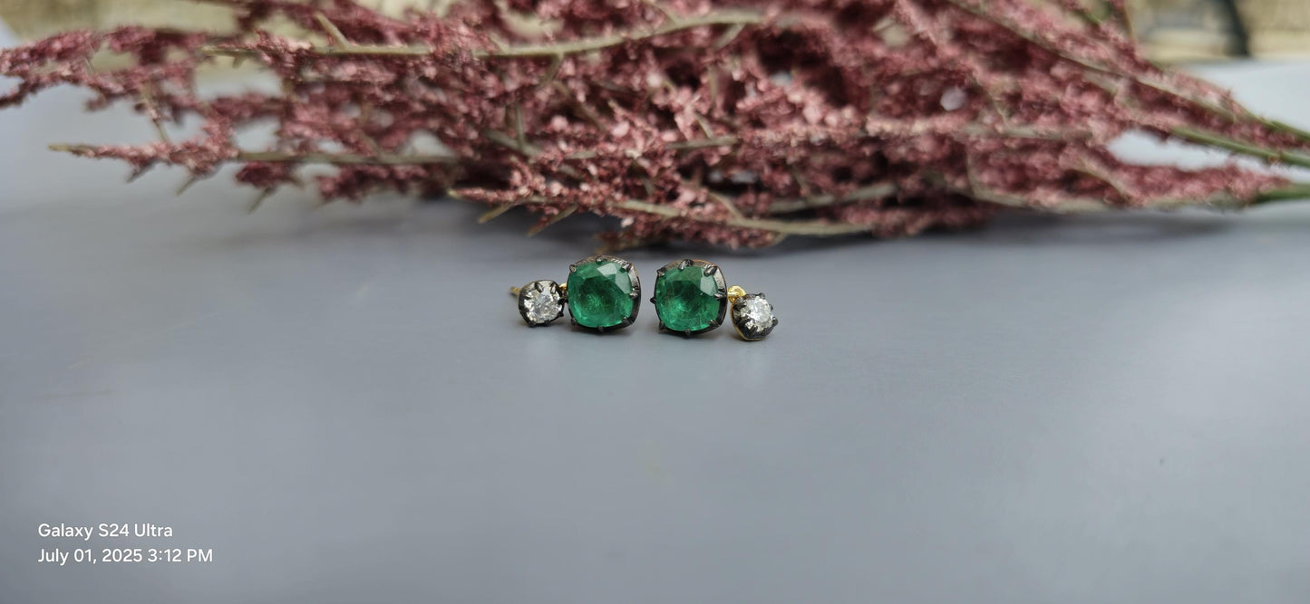 Georgian cut down button back set cushion Moissanite and lab grown Emerald Cushion earrings, Asymmetrical earrings