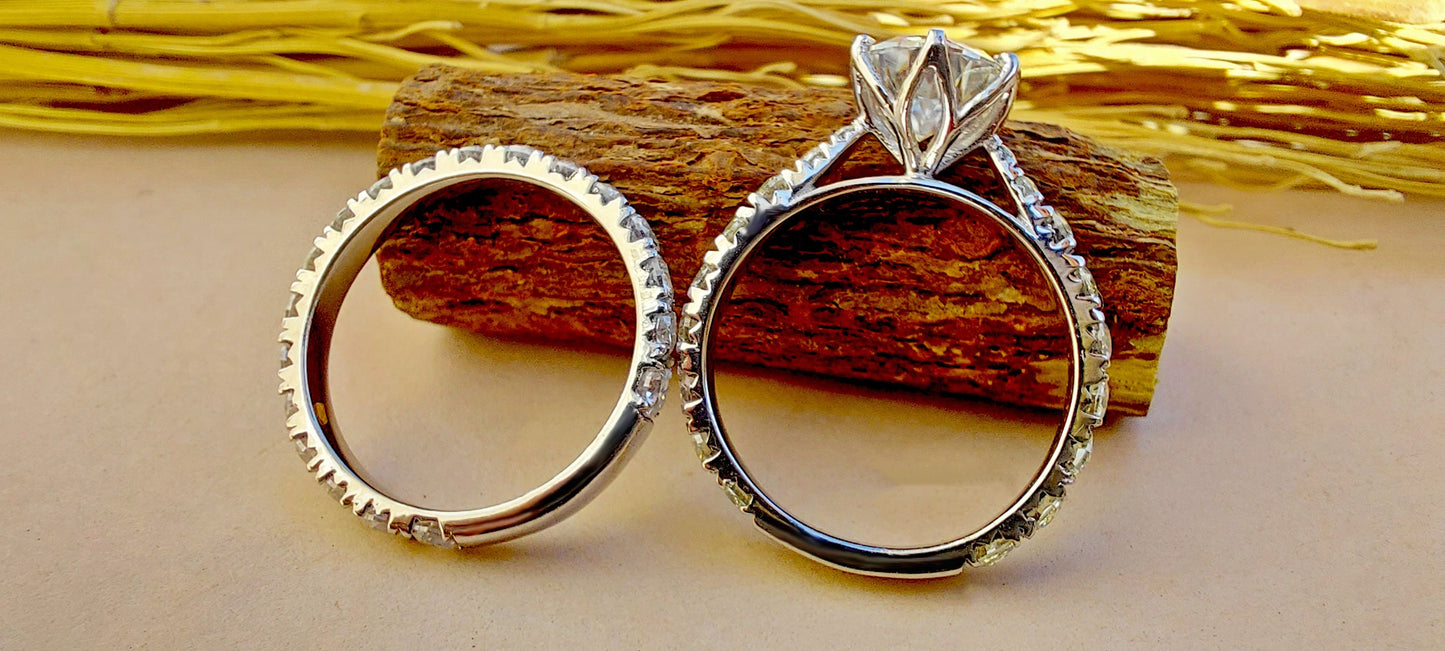 Tulip Lotus Prong French Pave Band Round Moissanite Bridal Set, flower basket , Petal Prongs, Promise\proposal Ring.