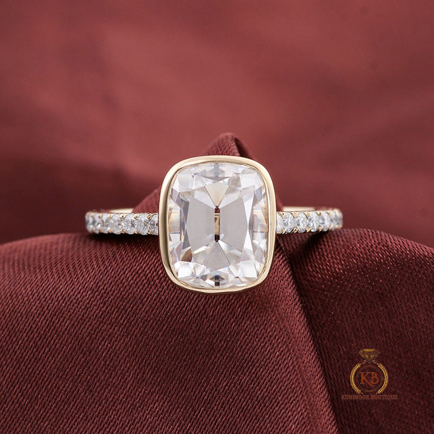 Old Mine Cut OMC Elongated Cushion Cut Bezel Cathedral set with side pave Moissanite Engagement Ring, Antique Bezel Set ring.