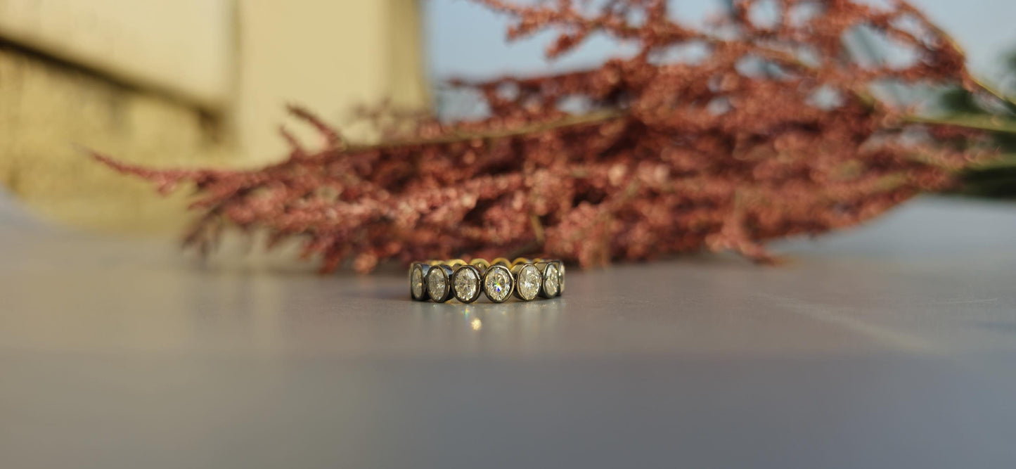 Bezel set Oval Cut Moissanite Wedding band in blackened gold, Full\Half Eternity Ring, Stackable Ring in 18k\14k\10k White\Yellow\Rose Gold