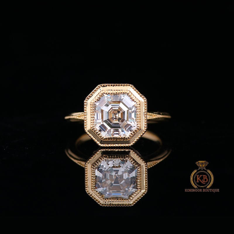 Asscher cut Milgrain Bezel Moissanite Solitaire with knife edge band Engagement Ring , wedding anniversary gift, birthday gift, ring for her