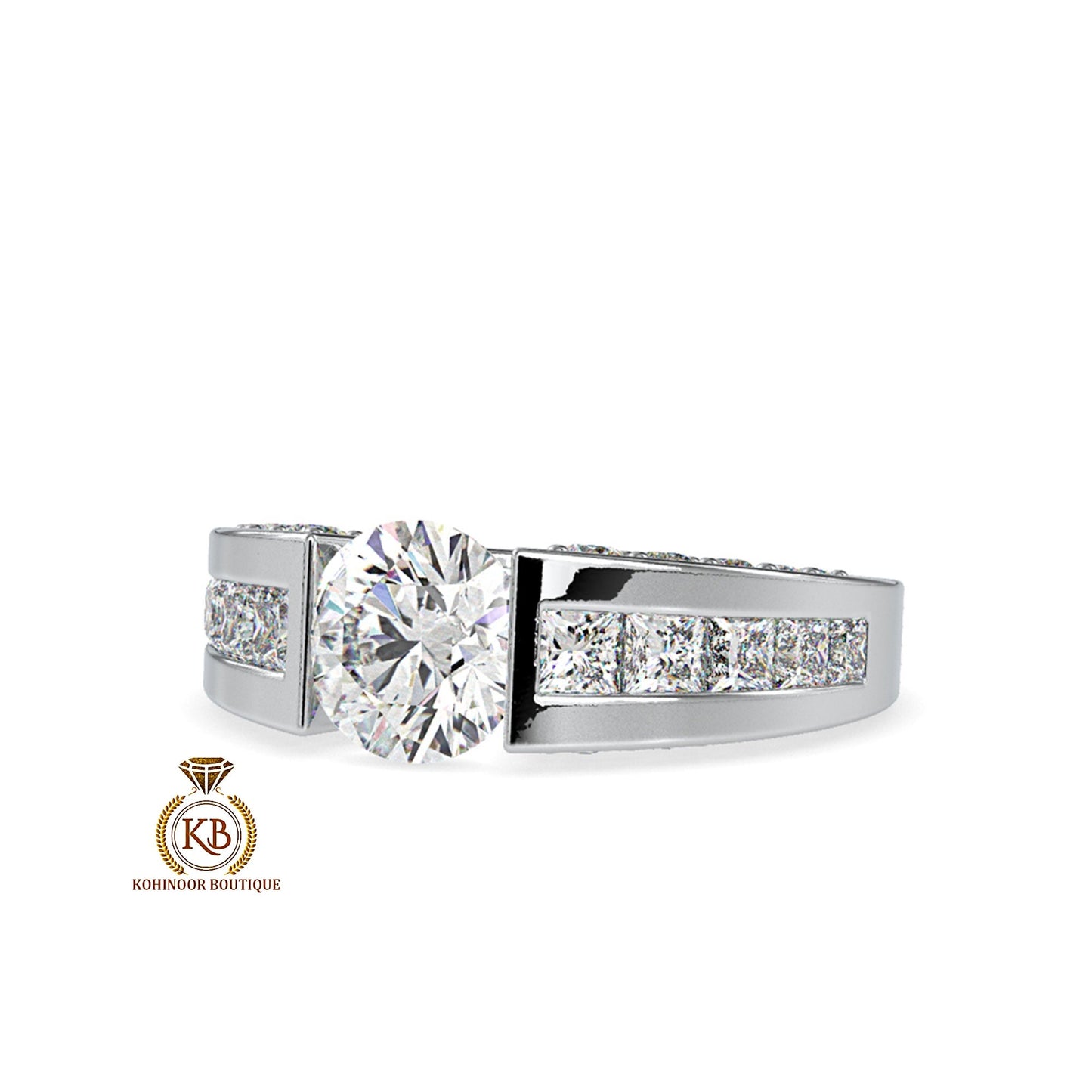 Round Cut Moissanite with princess cut side pave Engagement Ring, Proposal\Anniversary\Wedding Ring for Men\Women\Unisex Band