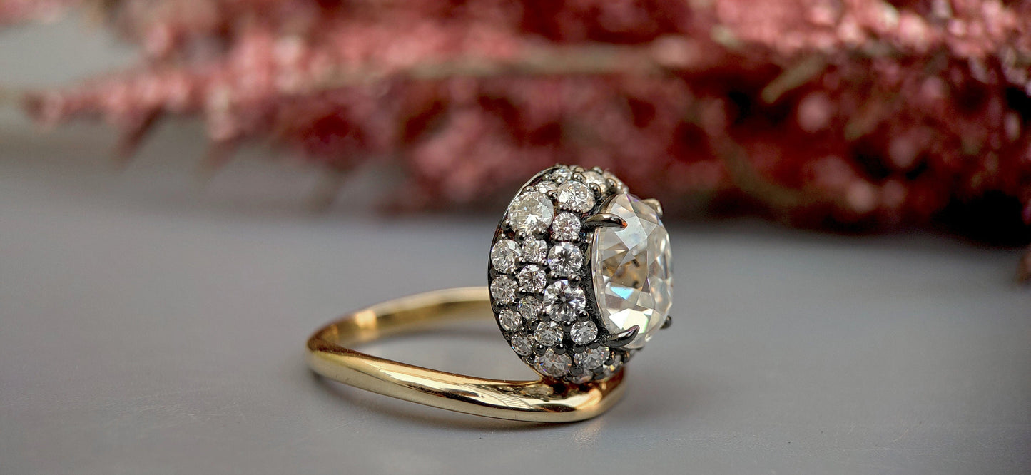 Floating Old mine cut Oval Halo set Georgian Moissanite Solitaire Engagement ring, Ring for her, right hand ring, Vintage Pave basket ring