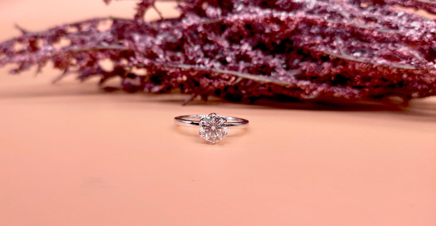 Tulip Lotus Prong Round Moissanite Solitaire Engagement Ring, flower basket  Promise\proposal Ring.