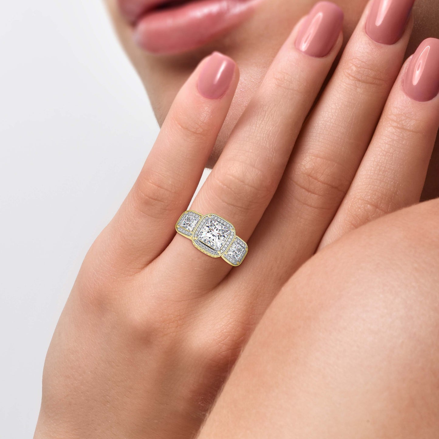 Vintage-inspired Princess cut Moissanite milgrain bezel set Halo with under halo 3 stone Moissanite Engagement ring.