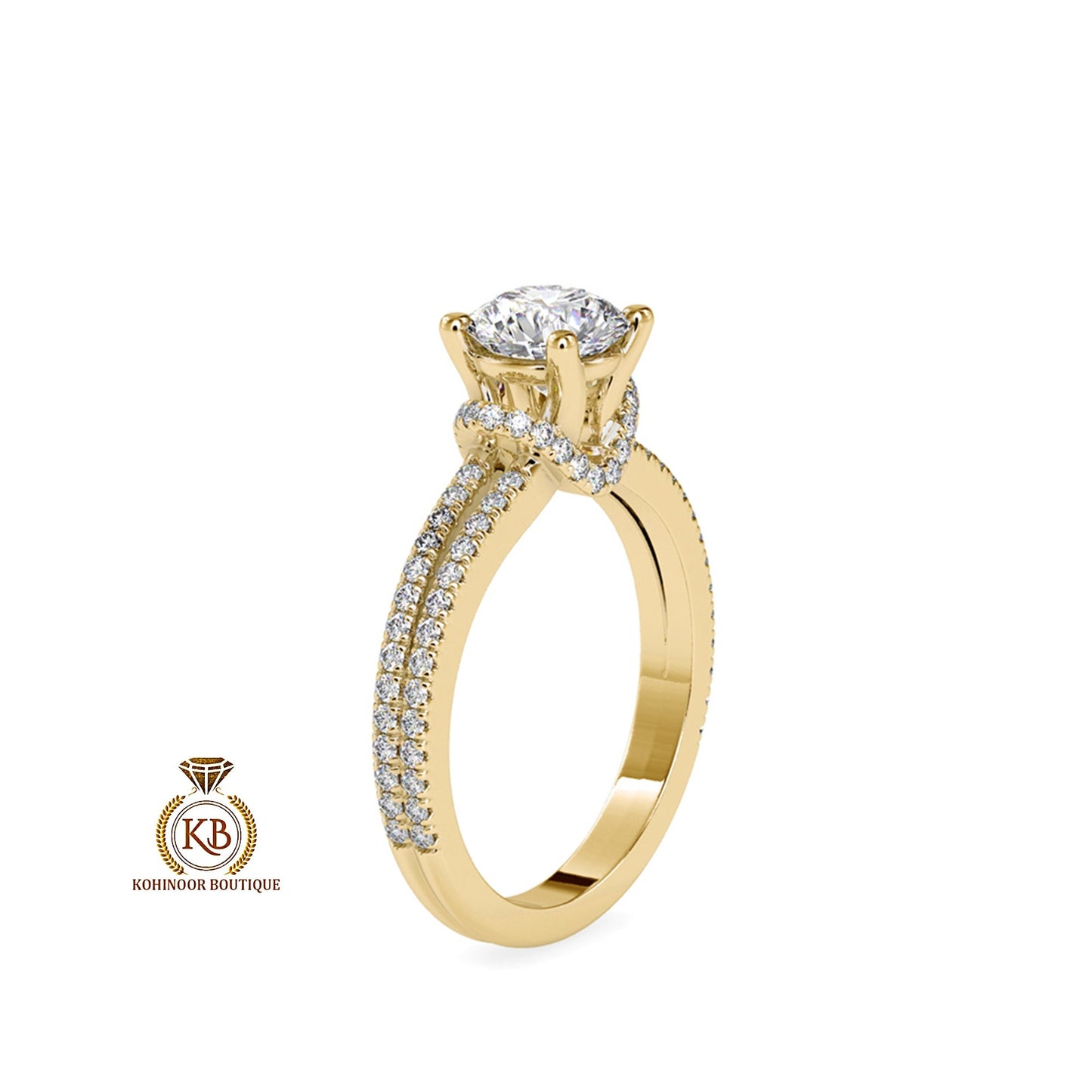Round Solitaire with side U cut double pave with collar , plunge halo Moissanite Engagement ring, rings for women, ring for her.