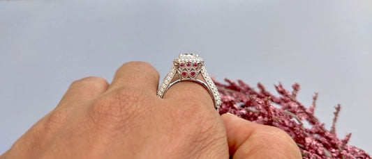 Vintage Cushion Cut Cathedral set Moissanite Double Halo double side pave milgrain pave basket with Lab rubies and and pave basket band.