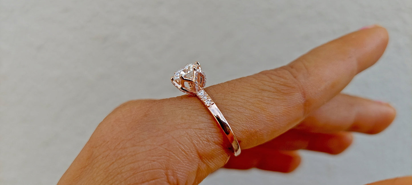 Tulip Pave basket Round  with French Pave Band Moissanite Solitaire Engagement Ring, Lotus Prong with flower basket Promise\proposal Ring.