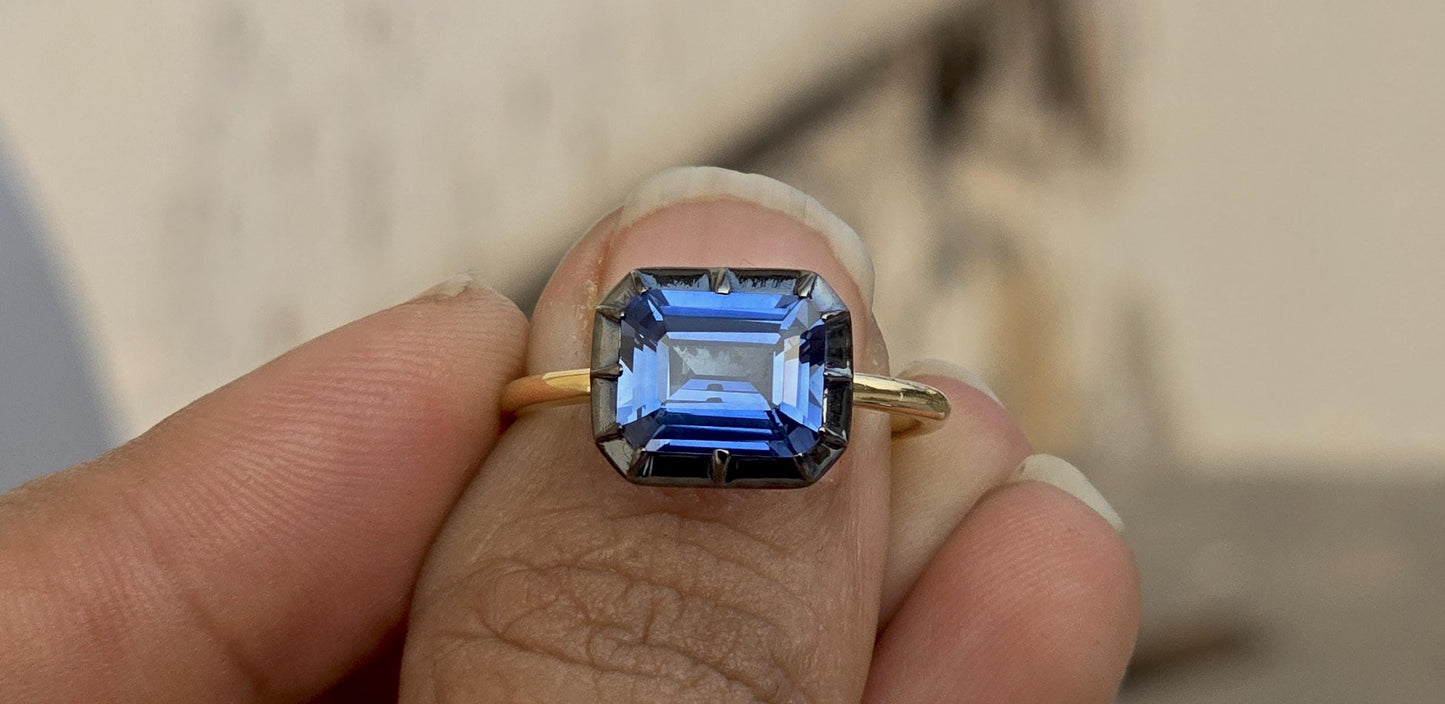 East West  set Corn flower Blue sapphire emerald Cut Georgian cut down button back solitaire engagement ring, ring for her, ring for women