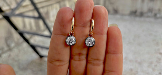 Round Moissanite button back Georgian cut down Gypset huggie, removable hoops, statement earring, blackened gold earrings.