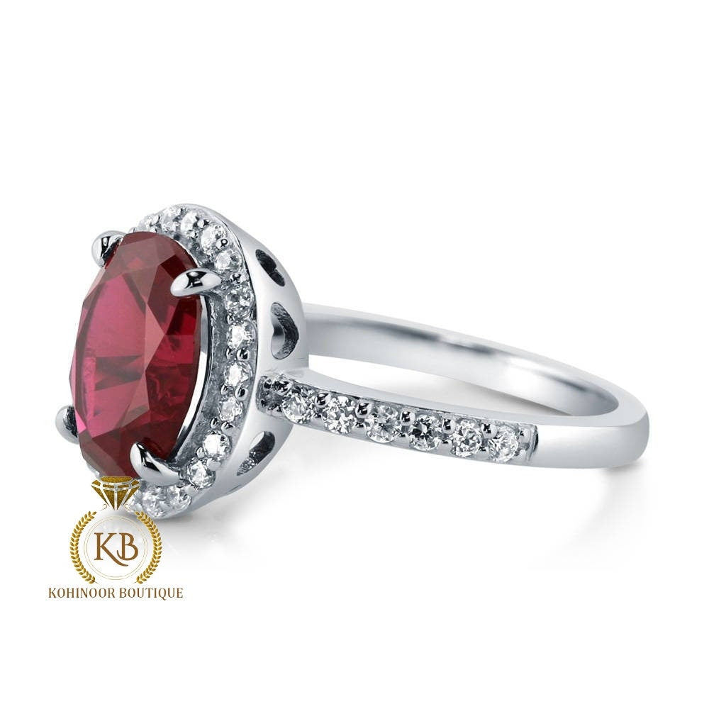 Lab grown Oval Rose Cut Ruby & Round Moissanite halo with side pave Engagement Ring, Rings for women.