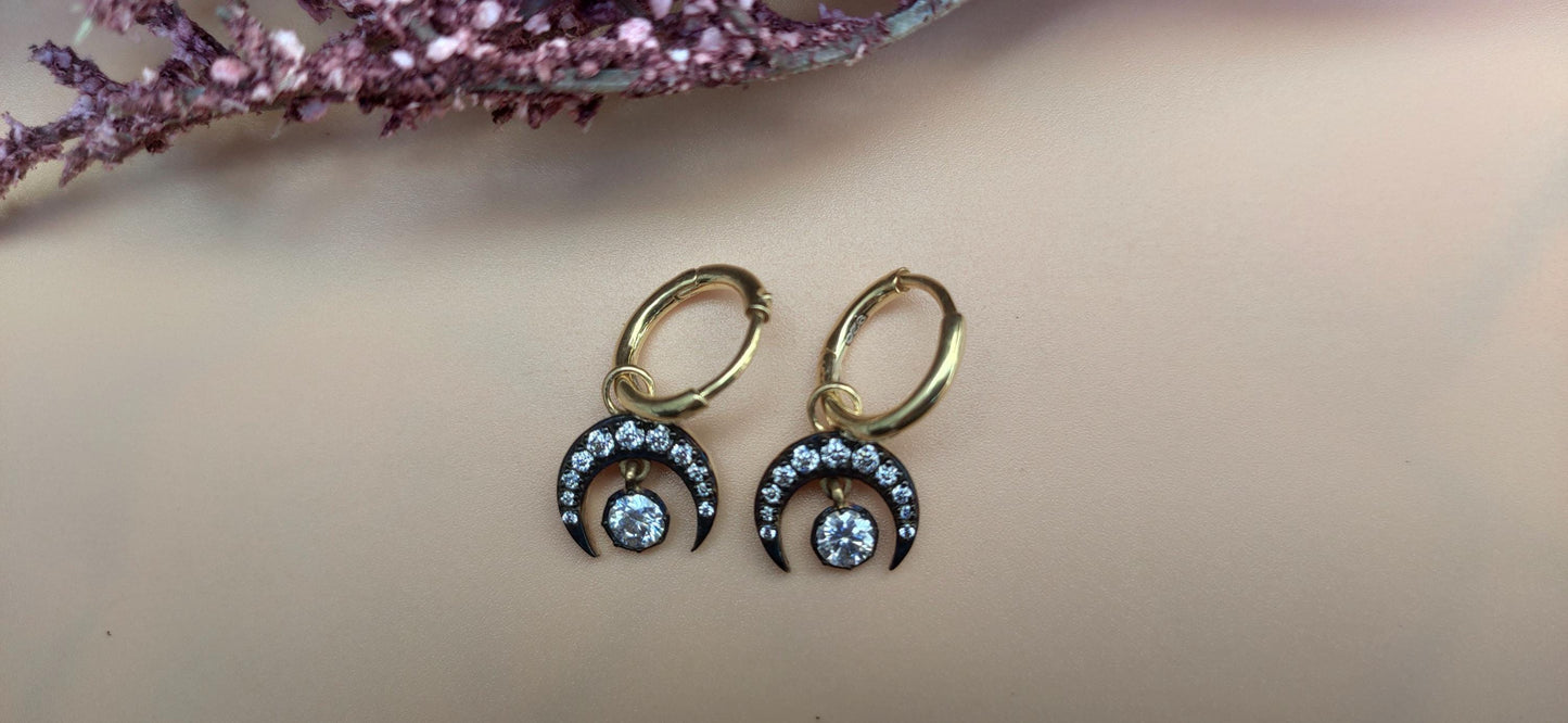 Half moon Lab grown diamond button back Georgian cut down Huggie,2 in 1  statement earring, blackened gold earrings.