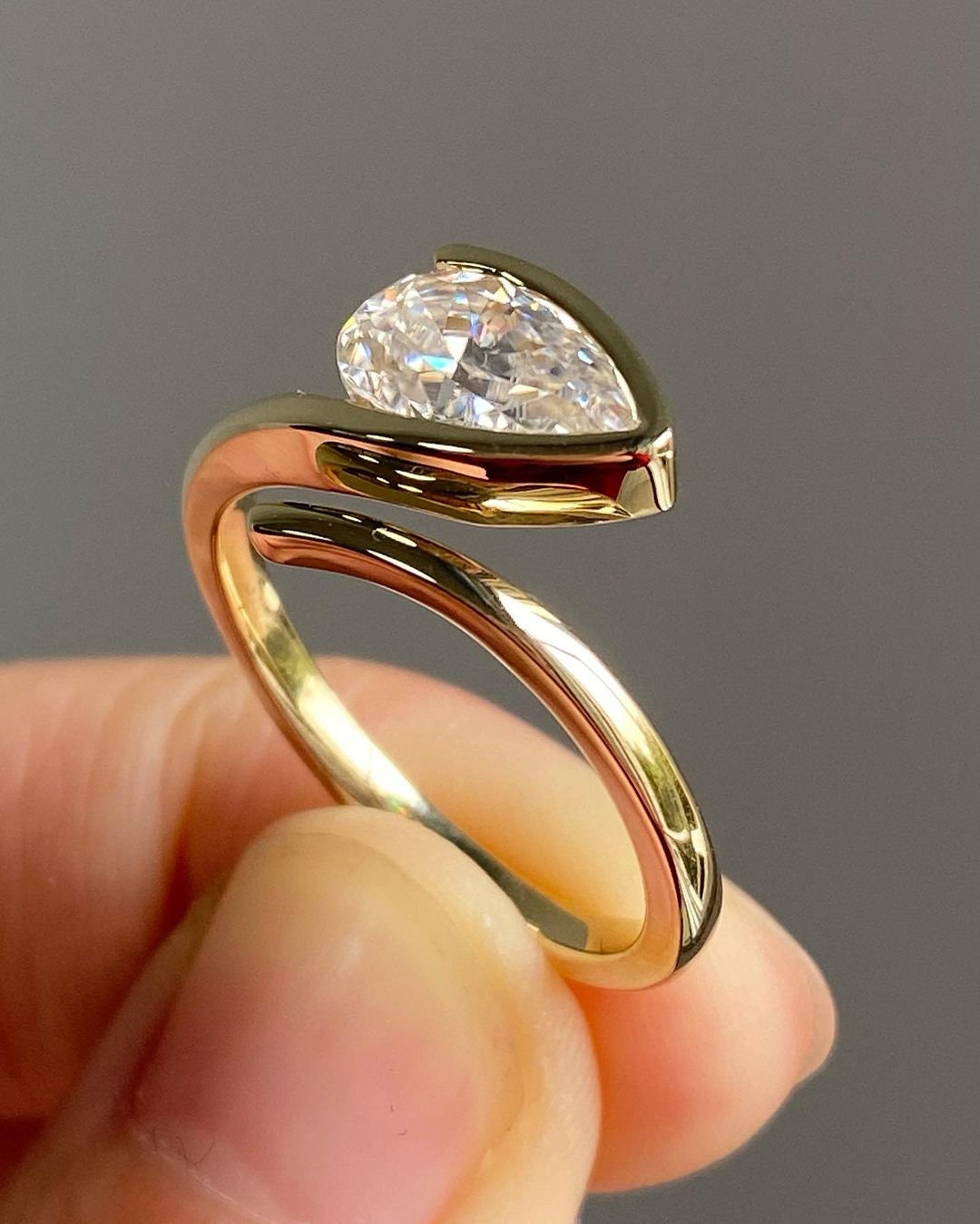 East-West Floating Pear Cut Solitaire Engagement Ring, Right hand ring, Cocktail Ring, Ring for her, ring for women