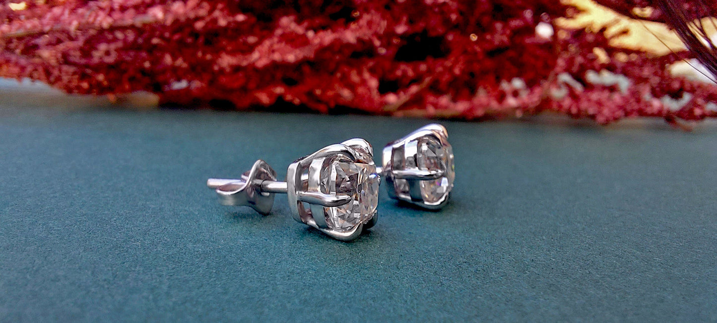 Vintage Cushion Old Mine Cut Moissanite Stud Earrings, Moissanite Wedding Earrings, Push Back Earrings, Anniversary Gift, Circa 1910