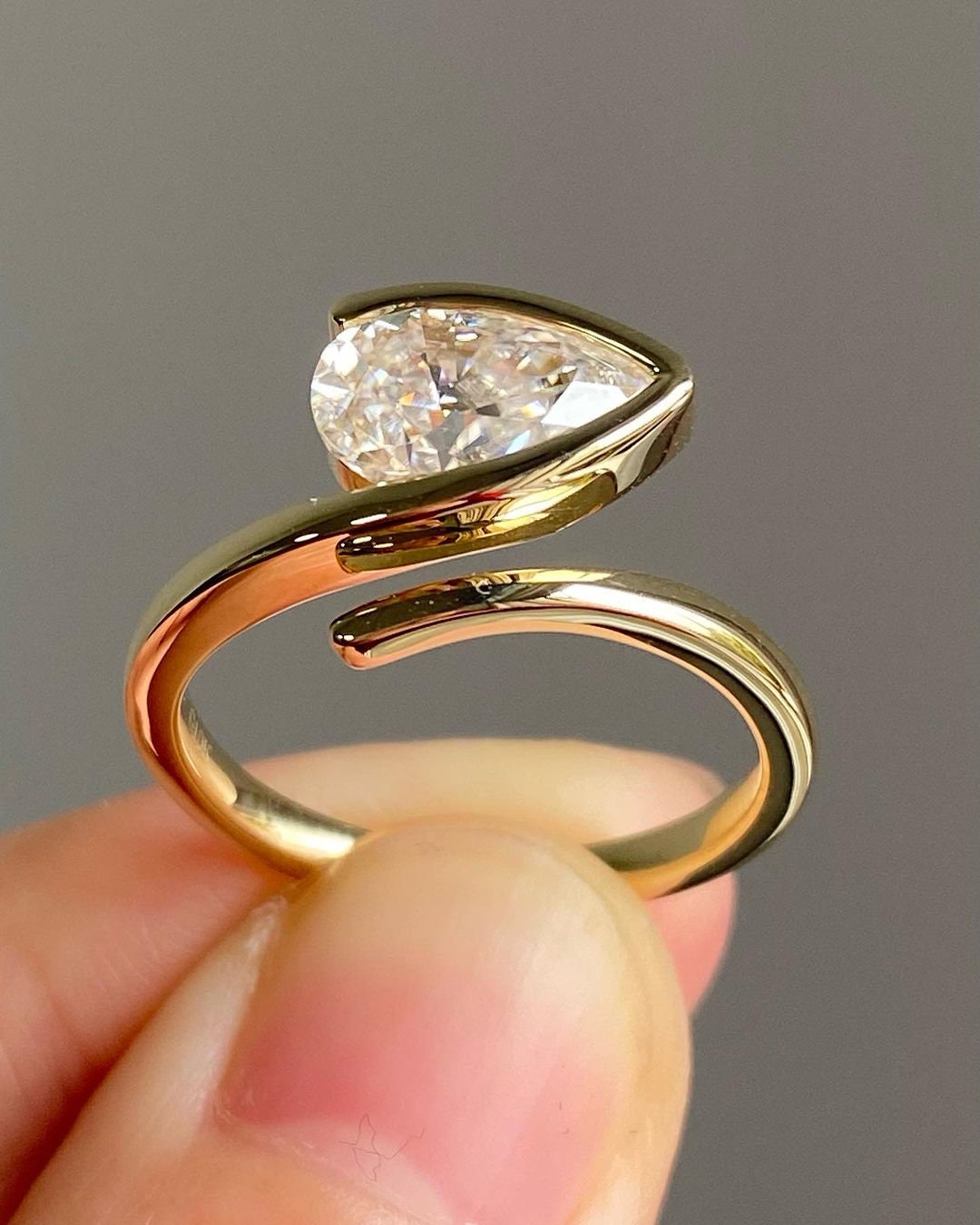 East-West Floating Pear Cut Solitaire Engagement Ring, Right hand ring, Cocktail Ring, Ring for her, ring for women
