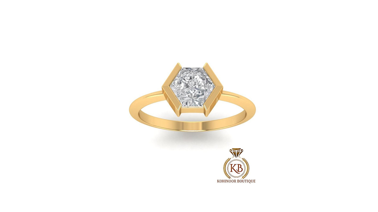 Hexagon shaped Half Bezel set Solitaire Knife edge Moissanite Engagement ring, Promise ring, Proposal ring, Ring gift for wife.