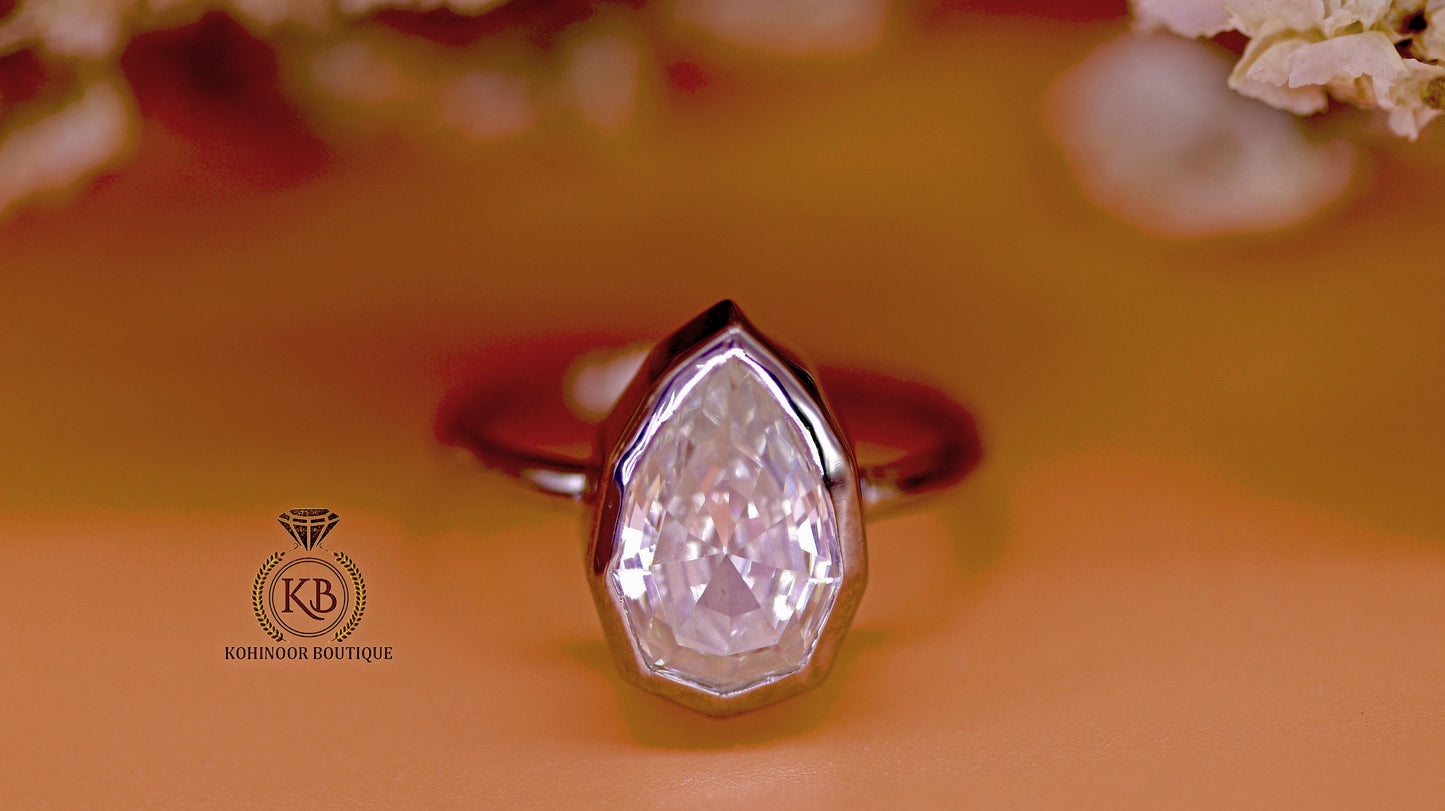 Step Cut Pear Moissanite Bezel Set Solitaire Engagement ring, art deco ring, ring for her, gift for women