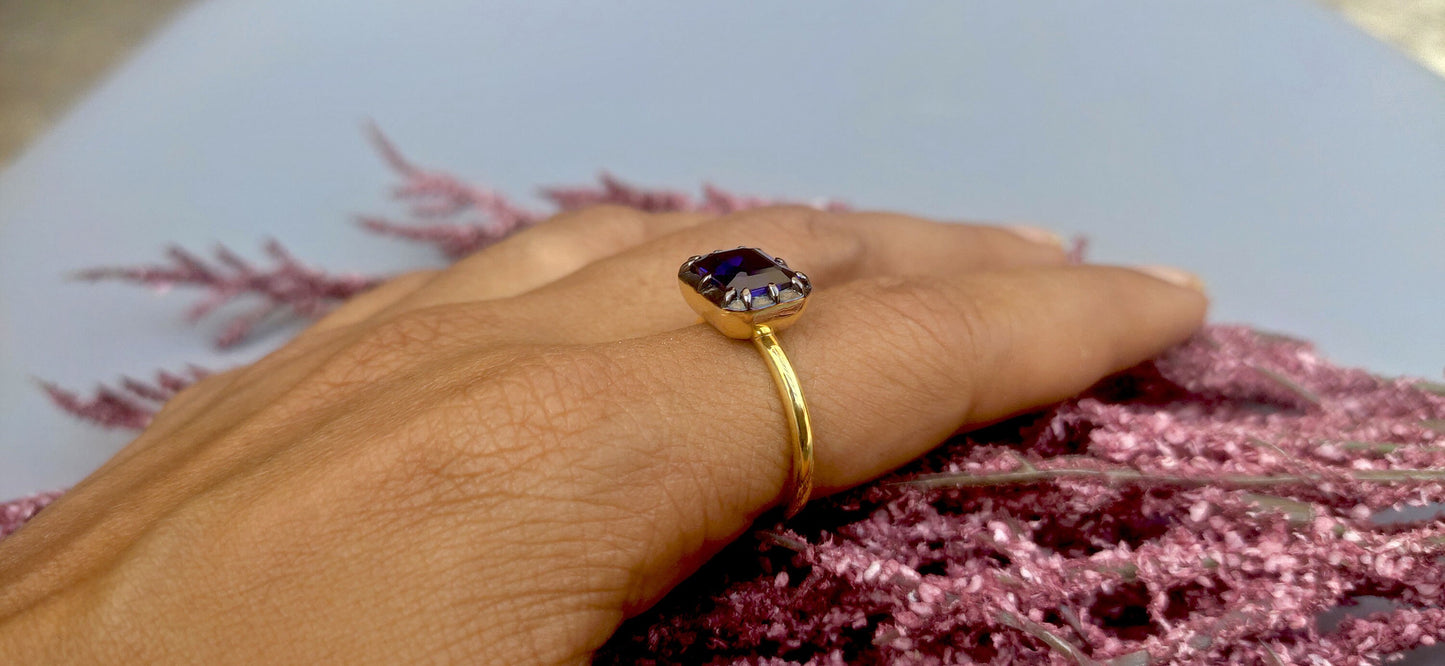 East West  set Lab Blue sapphire emerald Cut Georgian cut down button back solitaire engagement ring, ring for her,ring for women