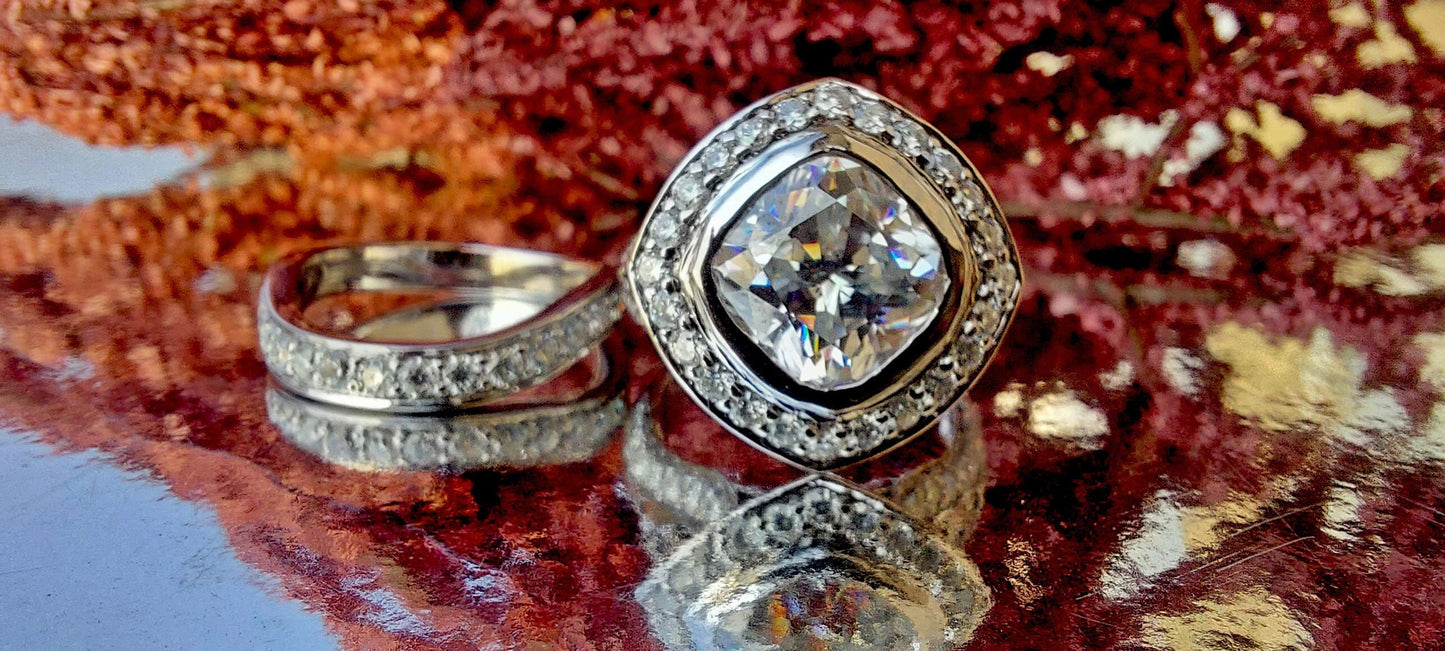 Kite set Cushion Cut Halo Moissanite ring with\without matching band, with side pave lattice band, Cathedral set engagement ring