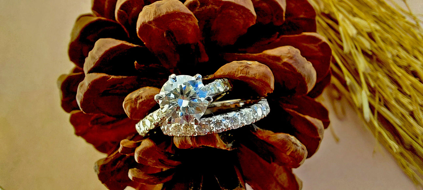 Tulip Lotus Prong French Pave Band Round Moissanite Bridal Set, flower basket , Petal Prongs, Promise\proposal Ring.